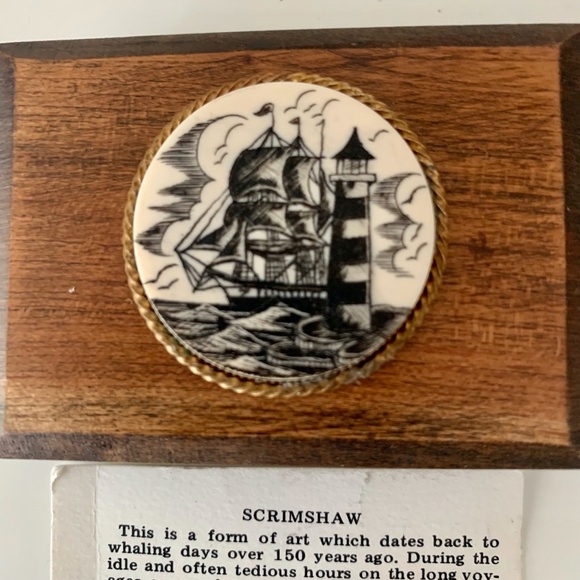 Vintage SCRIMSHAW Etched Nautical Ship Boat Belt Buckle Wood RARE Style 3" x 2" - Picture 2 of 11